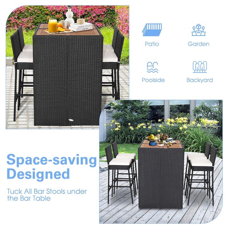Costway 5-Piece Patio PE Wicker Bar Set Outdoor Acacia Wood Dining - See Details