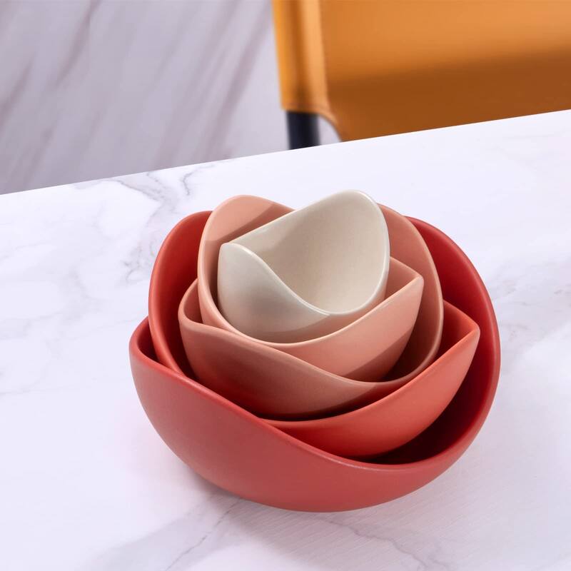 Salad Bowls, 5 Packs Serving Bowls,Lotus Shaped Pasta Bowls, Dishwasher & Microwave Safe, Unique Angled Ceramic Bowls for