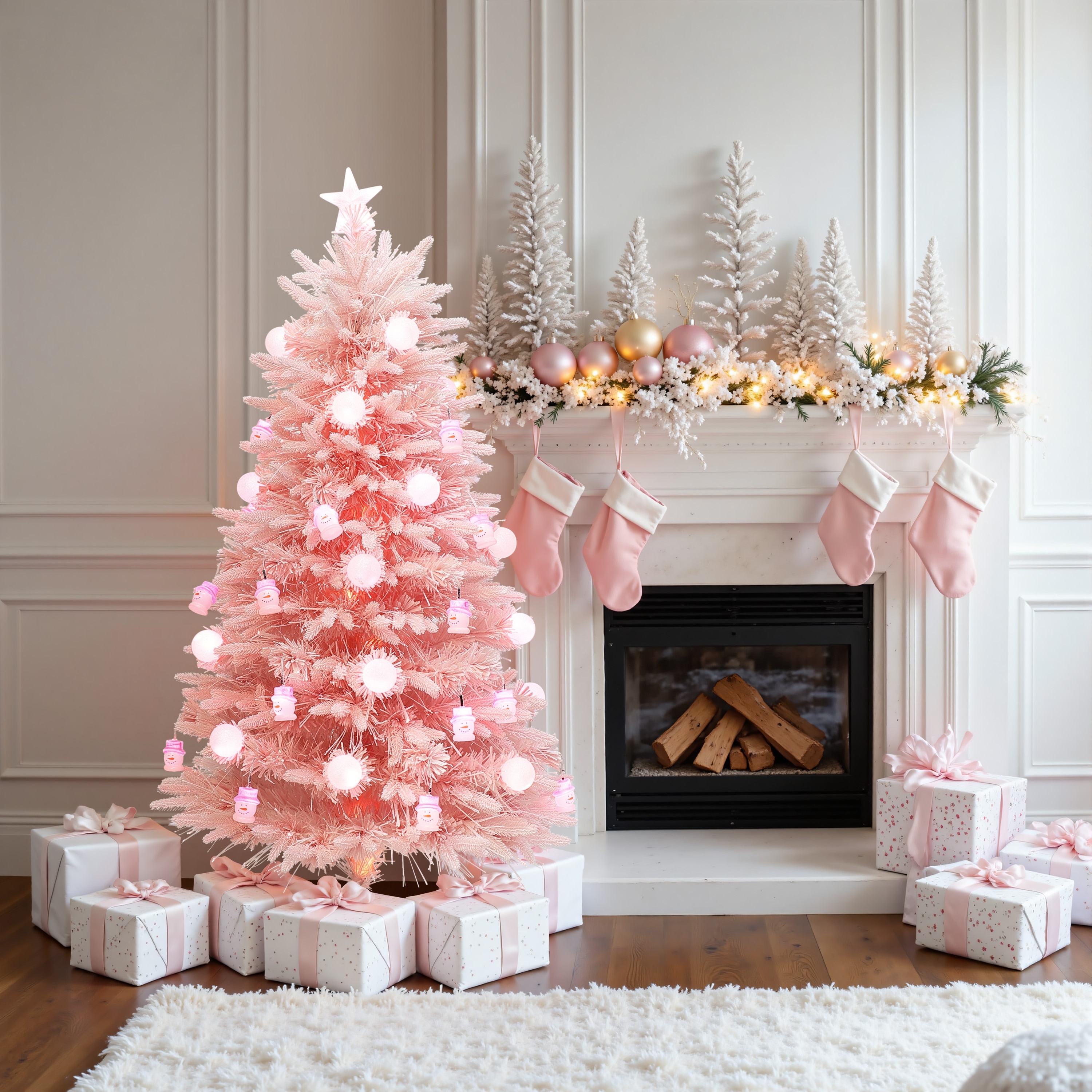 Pre-Lit Pink Blossom Artificial Tree with Fiber Optic Lights & Snowman Ornaments