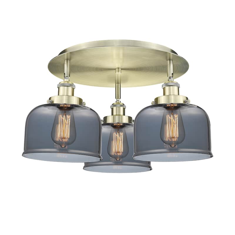 Innovations Lighting Bell - 3 Light 20" Flush Mount - Antique Brass/Light Smoke