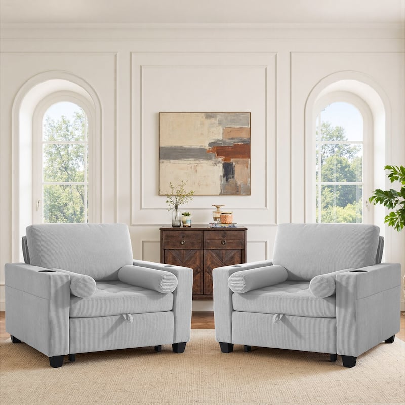 3-in-1 Adjustable Sleeper Sofa Bed Convertible Chair for Living Room - Light Grey - 2 Set
