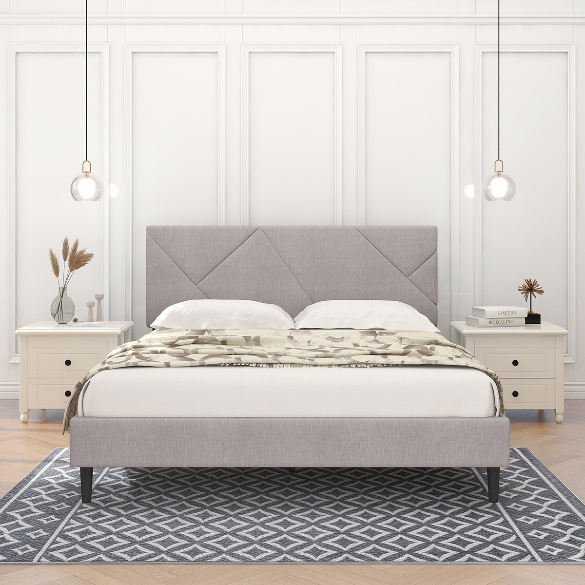 Light Beige Linen Upholstered Queen Size Platform Bed 13