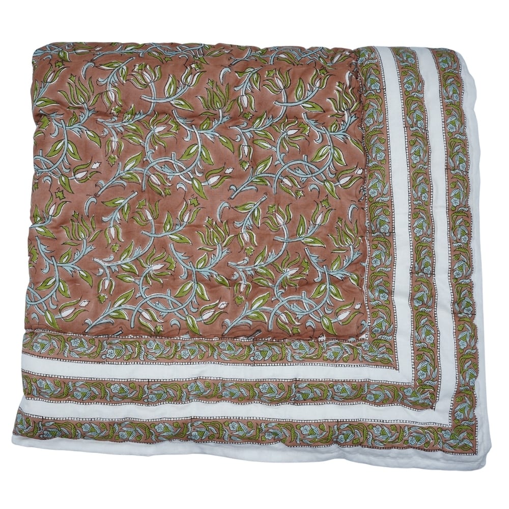 Elegant Hand Block Print Cotton Quilt Kamal Dutta Brown Green, Luxury Artisan Bedding, Reversible Decorative Bedspread for Décor