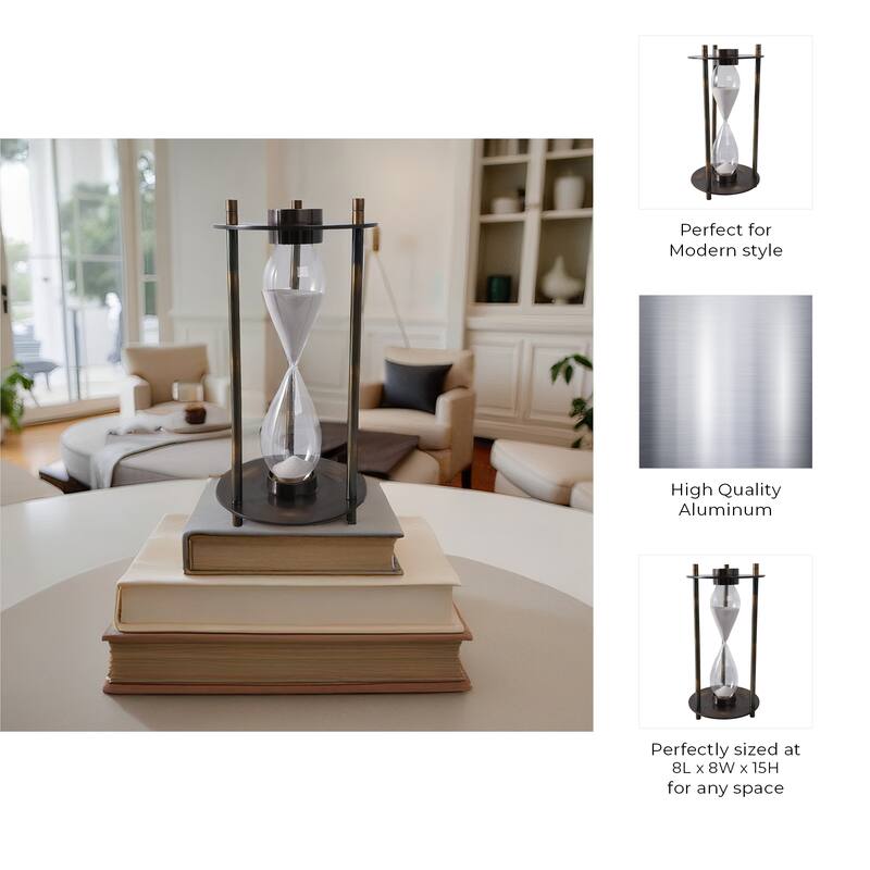 Modern Metal and Glass Hourglass Timer with Frame and Built-In Compass