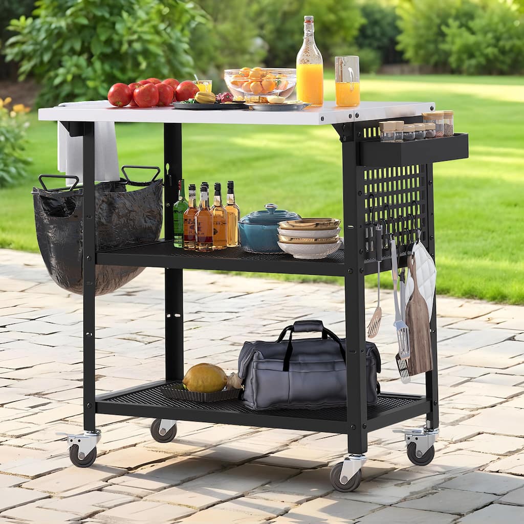 Moasis Outdoor 2 Tiers Stainless Steel Top Grill Cart Table with Drop Leaf and Wheels