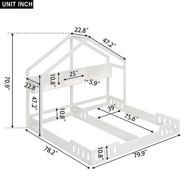 Wood Twin Size House Platform Kids Beds Frame, 2-Shared Beds with Shelves, Guardrail, Safe Design, Easy Assembly, Creamy White