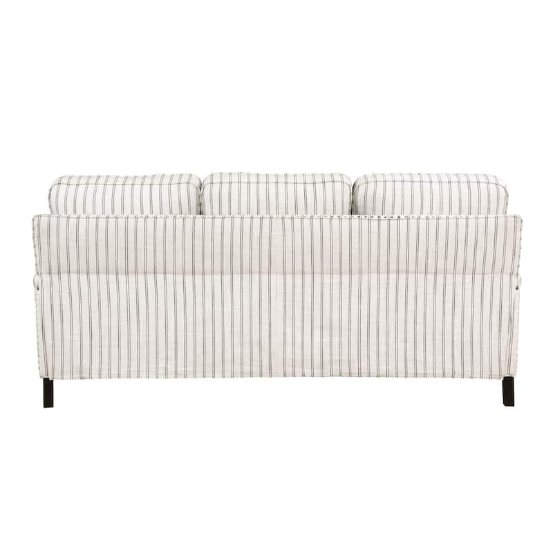Claire 78 Inch Sofa, Beige, Gray Polyester Pinstripes, Cushions, Solid Wood