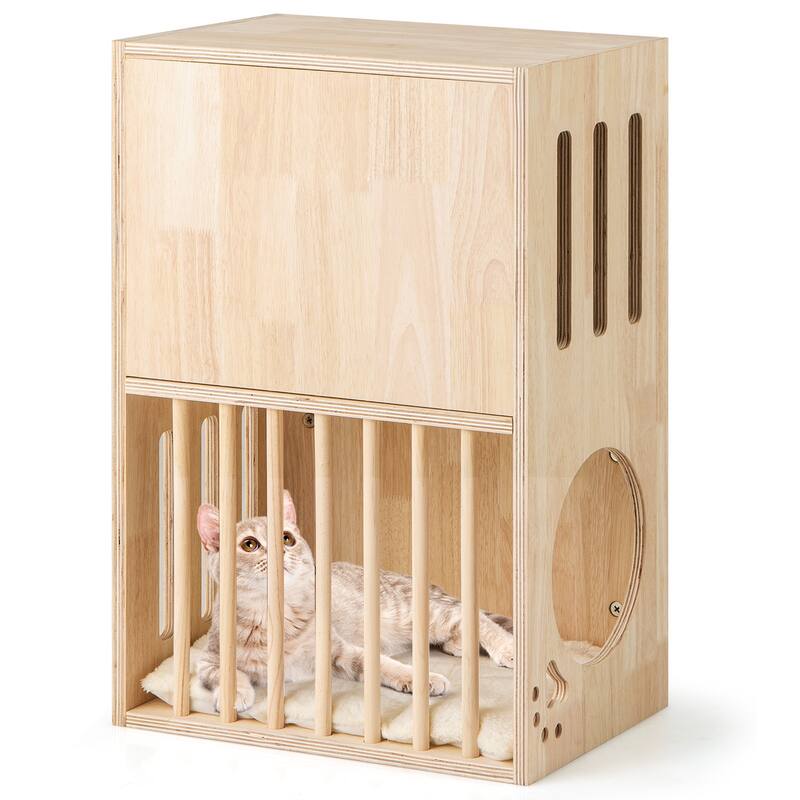 2-Tier Ventilated Design Wooden Cat Condo with Washable Cushions Cat Furniture for Indoor Use - 17" x 11.5" x 25.5"