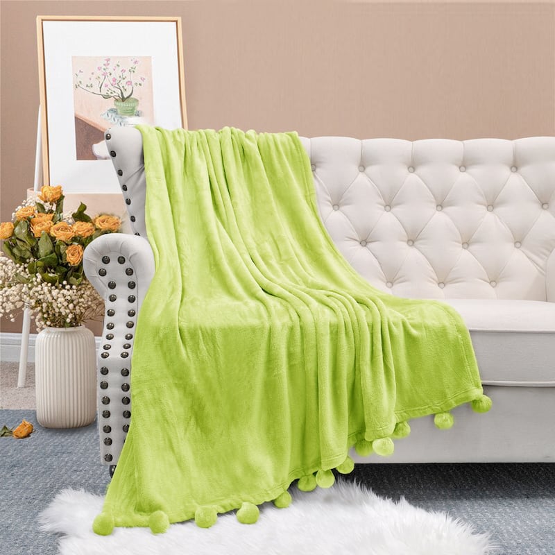 Pompom Flannel Fleece Throw