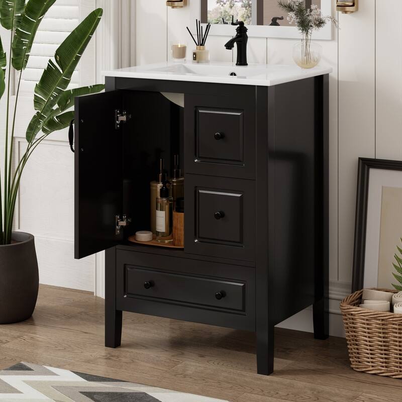 24 inch Bathroom Vanity with Sink, 3 Soft-closing Drawers, Retro Metal Handles