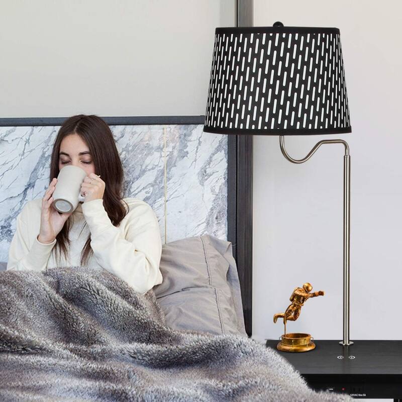 Brightech Madison 56 in. Classic Black Modern LED Bedside Table Lamp with Fabric Drum Shade and Wireless Charging Pad (2-Pack)