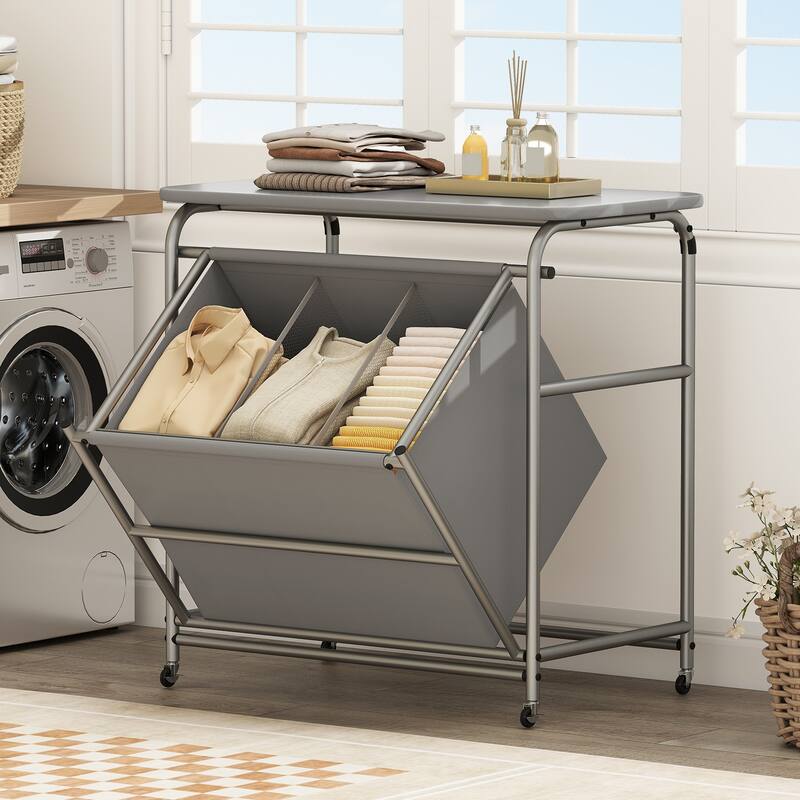 Grey 3 Section Rolling Laundry Hamper with Metal Frame and Ironing Board Lockable Wheels - 34" x 18.5" x 33"