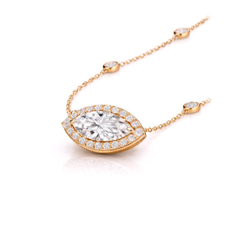 Auriya 14K Gold Lab Grown Marquise Diamond Halo Pendant with Bezel Necklace 1.00 to 5.00 ct. tw. (F-G VS)