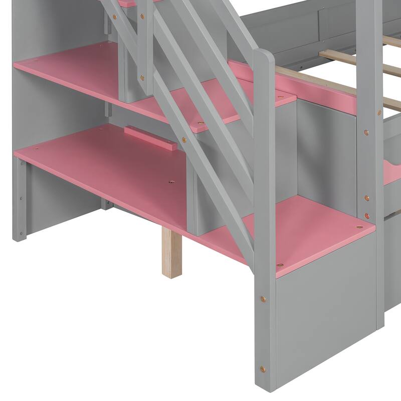 Twin Over Twin Bunk Bed with Stairs, LED Lights, Storage Drawers, House Shaped Wood Loft Bed with Guardrail
