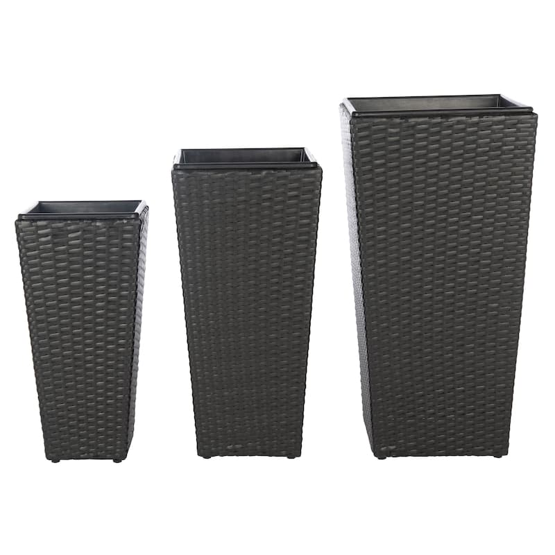 SAFAVIEH Outdoor Kamila Black Rattan 3-Piece Flower Pot Set - 14Wx28Dx14H