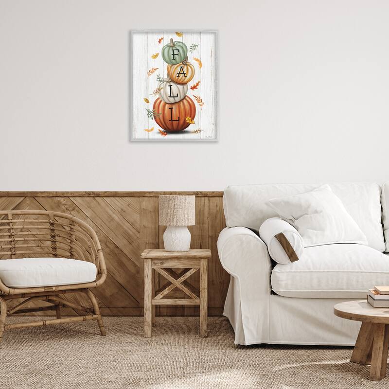 Stupell Falling Leaves & Pumpkin Stack Framed Giclee Art Design By Elizabeth Tyndall