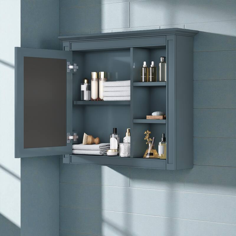 30'' x 28'' Wall Mounted Medicine Cabinet with Mirror, Modern Bathroom Mirror Cabinet with Door and 3 Open Shelves
