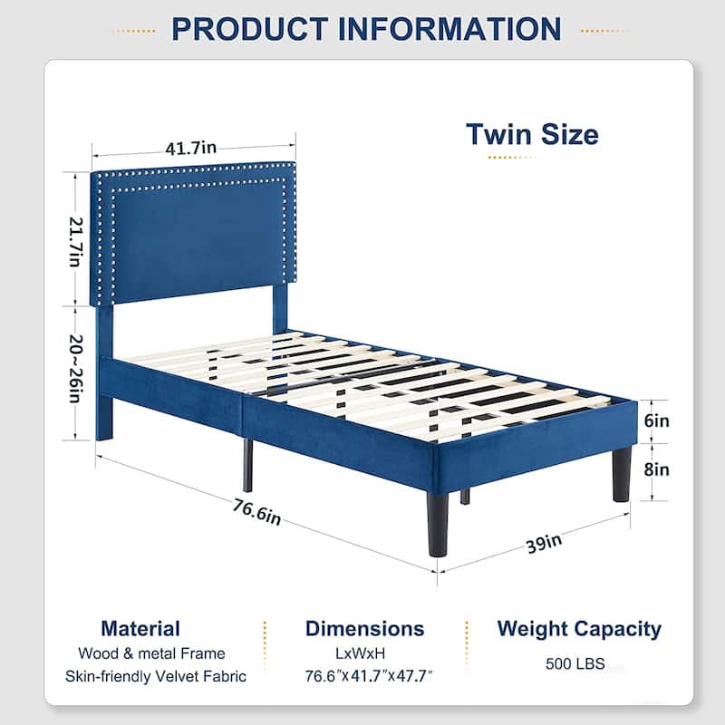 2 Pcs Upholstered Twin Size Platform Bed with Adjustable Headboard