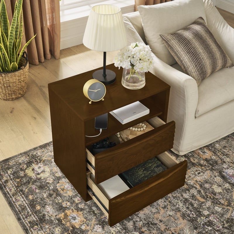 Mid Century Modern Nightstand with Charging Station and Solid Wood Drawers for Versatile Bedroom Use