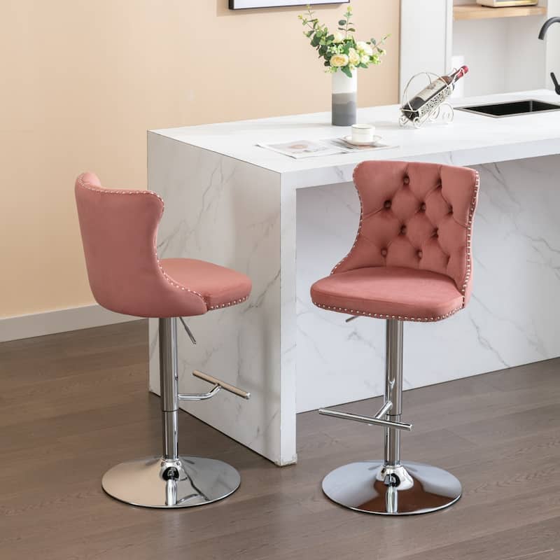 Velvet Swivel Barstools Tufted Upholstered Dining Chair Set of 2, Pink