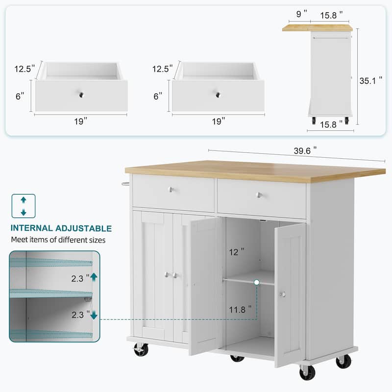 Kitchen Storage Island with 2 Drawers & Extendable Countertop - Rolling Storage Cart with Towel Rail, Lockable Wheels