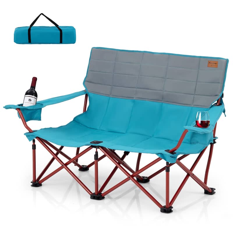 Gymax Oversized Camping Chair Folding Loveseat Camping Couch w/ Cup