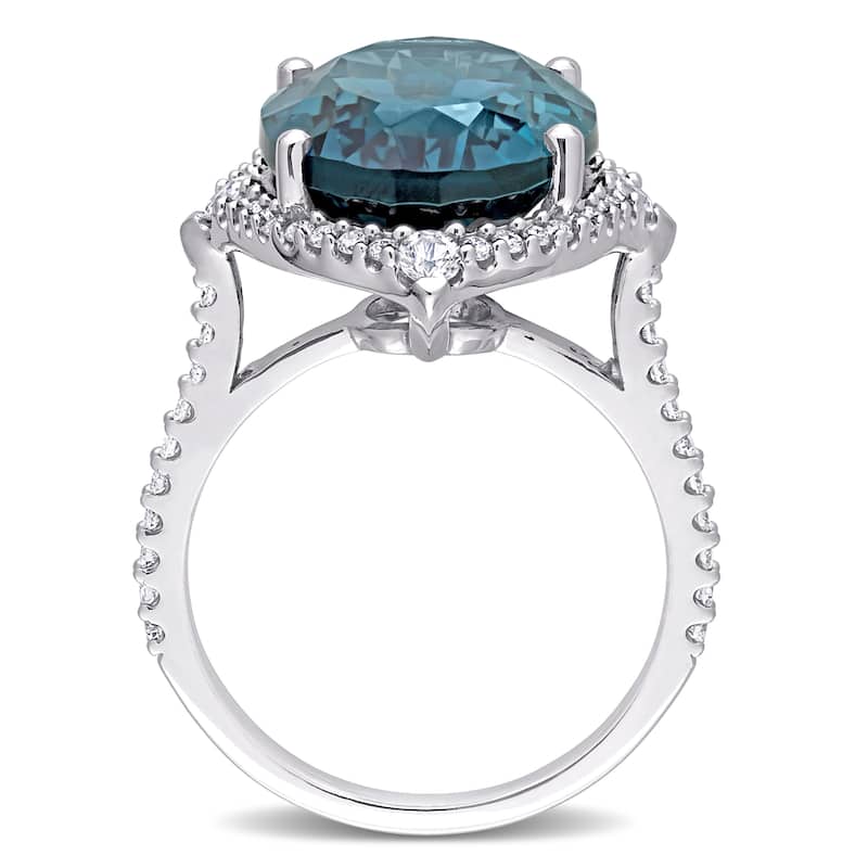 Miadora 14k White Gold 12 1/4 CT TGW Blue Topaz, White Sapphire & 3/8ct Diamond Halo Cocktail Ring