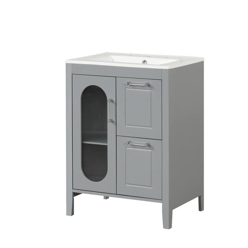 24" Black Bathroom Vanity with Sink - Solid Wood & MDF, Moru Glass Door, 2 Drawers, Adjustable Shelf