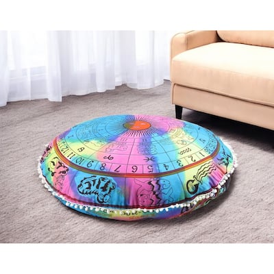 HomeRoots 32" X 32" Blue And Pink Round Horoscope Fabric Floor Throw Pillow Cover with Pompoms