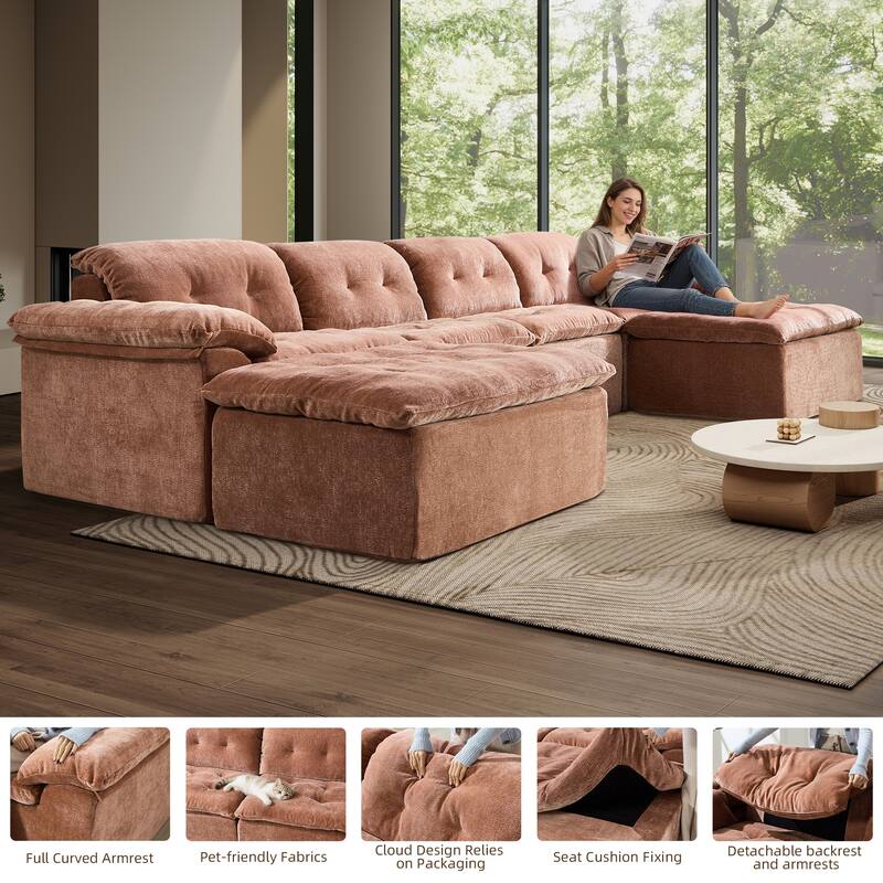Rossetta 4-Seater Chenille Upholstery Modular Convertible Design Generous Seating Cushioned Sofa with 2 Versatile Ottomans