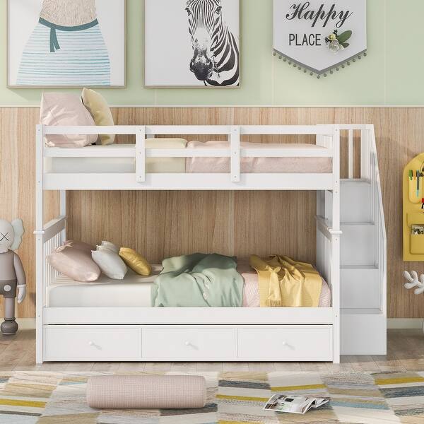 slide 2 of 11, Multifunctional Design Wood Bunk Bed with Storage Space and Guardrail, Stable Construction, White White