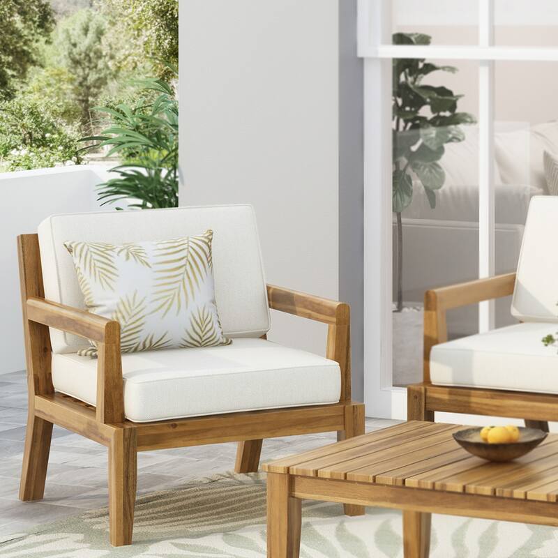Outdoor Club Chairs with Cushions, 29'' H X 26.5'' W X 29'' D, acacia wood + Teak Finish + Beige