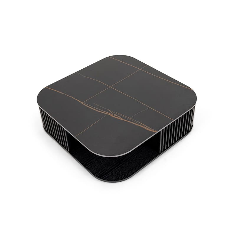 Cid Cia Coffee Table, 39 Inch Black Ceramic, Solid Wood Frame