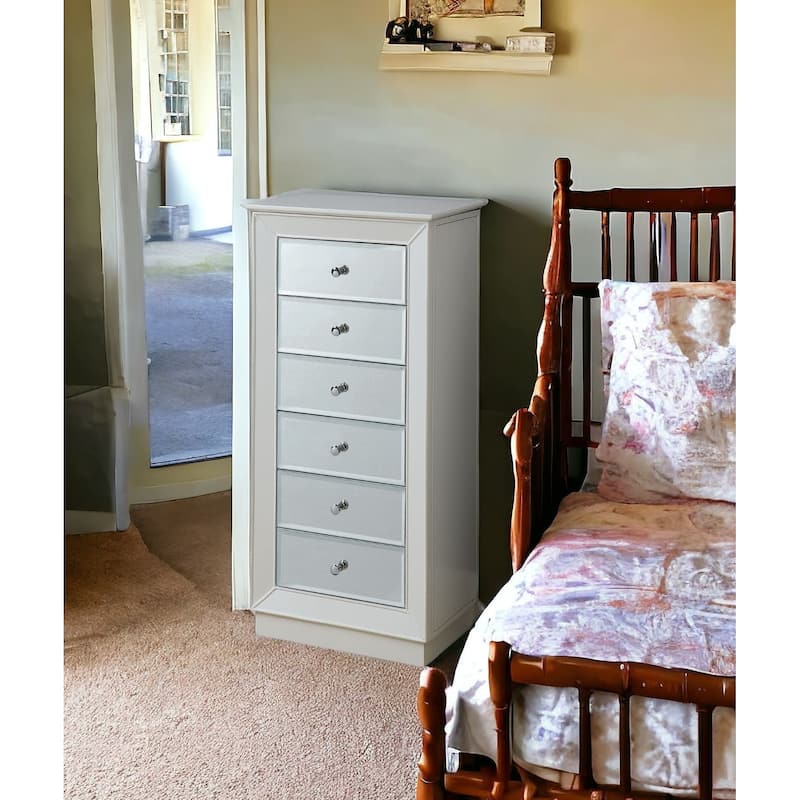 HomeRoots 38" White Six Drawer Wood and Mirrored Glass Jewelry Armoire - 6-drawer