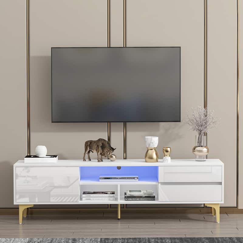 White 63" TV Stand with LED, Gloss Finish for TVs Up to 65" - White