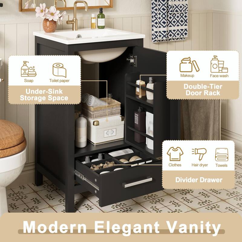 Modern Bathroom Vanity with Ceramic Sink - Soft-Close Drawers, Door Organizer, Divider Drawer