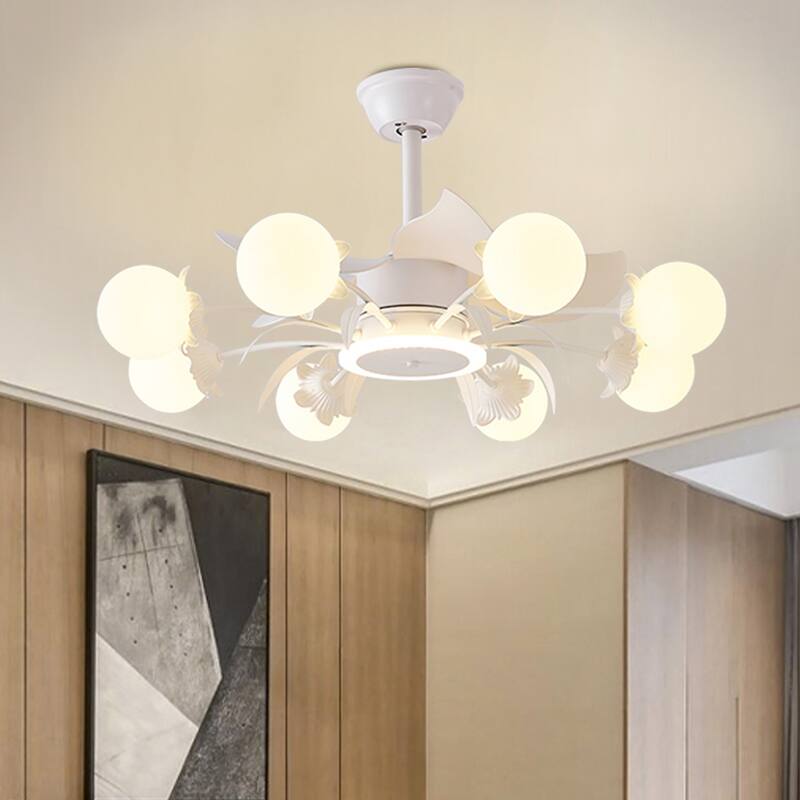Indoor Chandelier Ceiling Fan with Light and Remote, Beige Fandelier with Milky Globe Shade for Bedroom