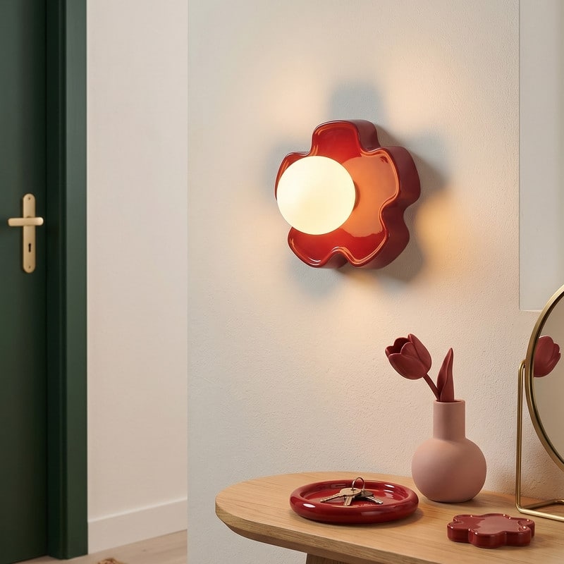 KAWOTI 1-Light Red Modern Wall Sconce with Flower-Shaped Backplate and White Opal Glass Globe Shade