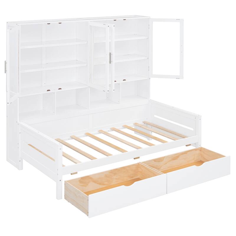 Bookcase Daybed with Storage Cabinets Wooden Captains Bed Built-in LED Lighting