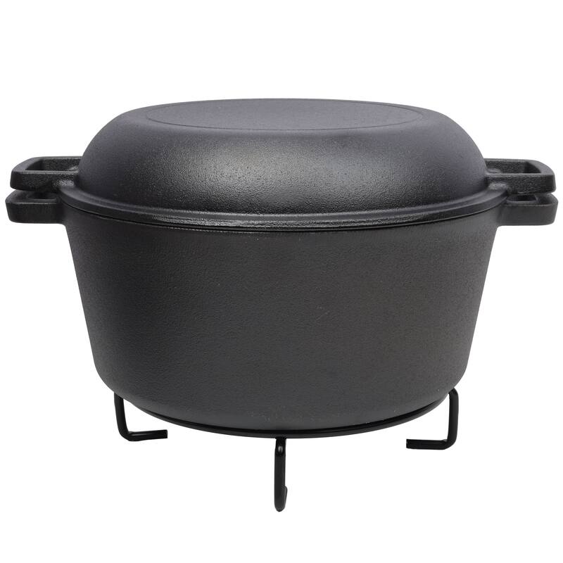 5QT Outdoor Camping Deep Pot with Skillet Lid, 2-in-1 Pre-Seasoned Cast Iron Dutch Oven with Iron Pot Rack - Black