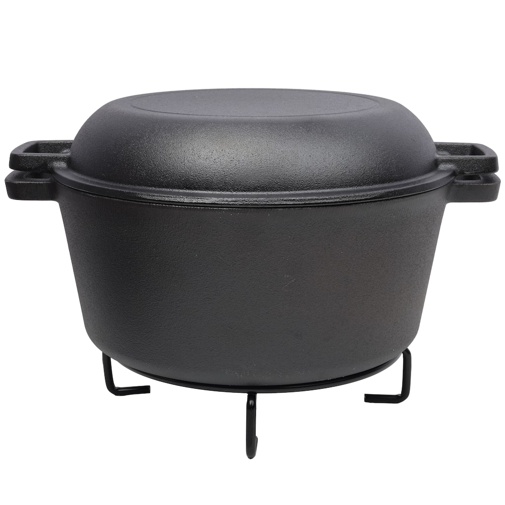5QT Outdoor Camping Deep Pot with Skillet Lid, 2-in-1 Pre-Seasoned Cast Iron Dutch Oven with Iron Pot Rack