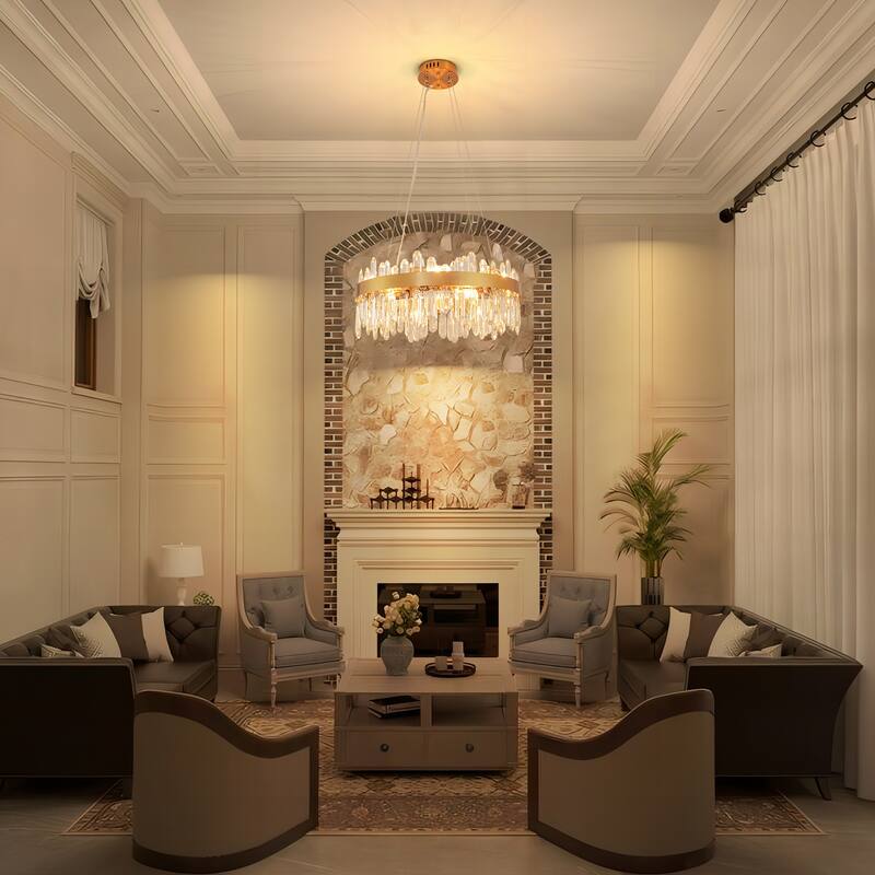 23.6" 12-Light Modern Luxury Gold Dual-Tier Fixture with Crystal Ice Peak Rods, E12 Dimmable for Dining Room