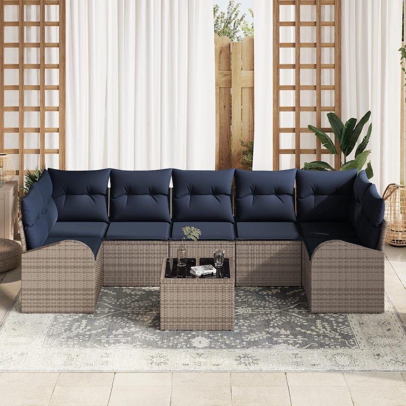 vidaXL 8 Garden Sofa Set with Cushions Black/Brown/Grey Poly Rattan - 113.8 x 48.8 x 27.2