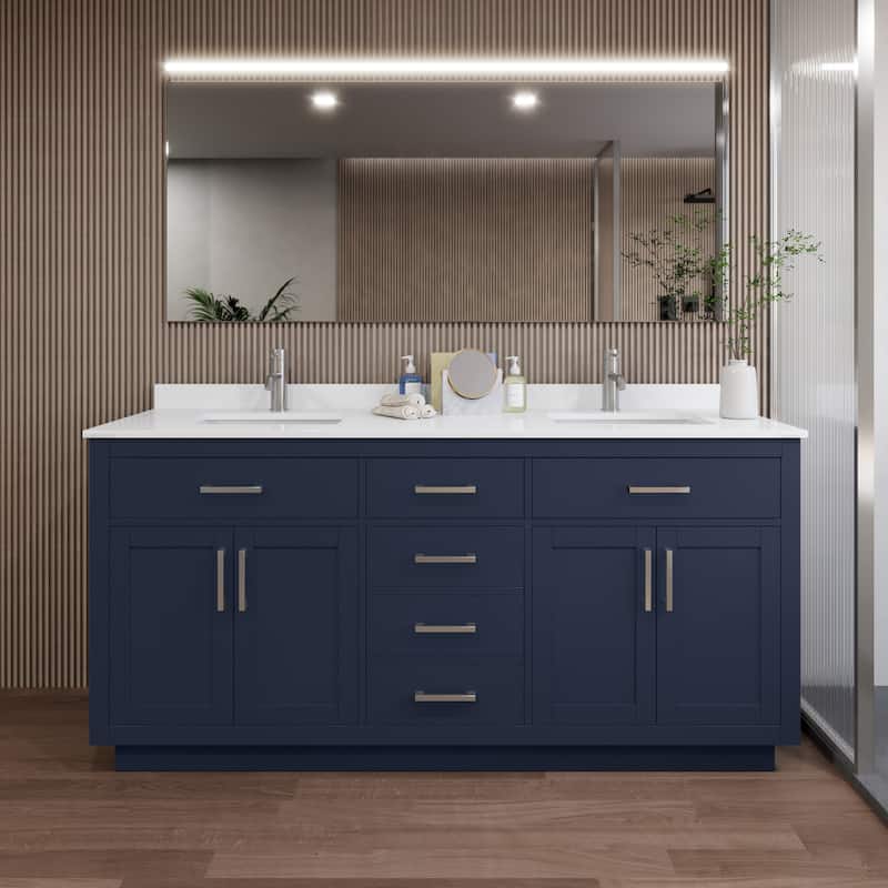 Wyndham Collection WCG262672D-QTZ-UNSMXX Beckett TK 72" Free Standing - Dark Blue / White Quartz Top / Brushed Nickel