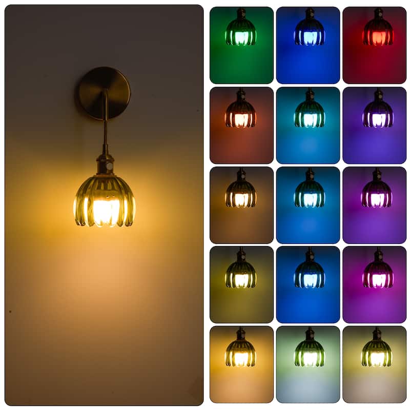 Set of 2 Battery Operated Wireless Sconce with Green Glass Lampshade