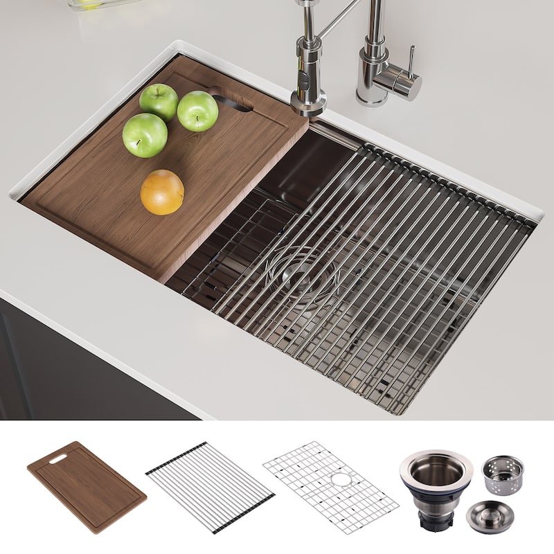 HOROW 16G Stainless Steel 30 in. Single Bowl Undermount Workstation Kitchen Sink with Cutting Board, Bottom Grid, Strainer - White