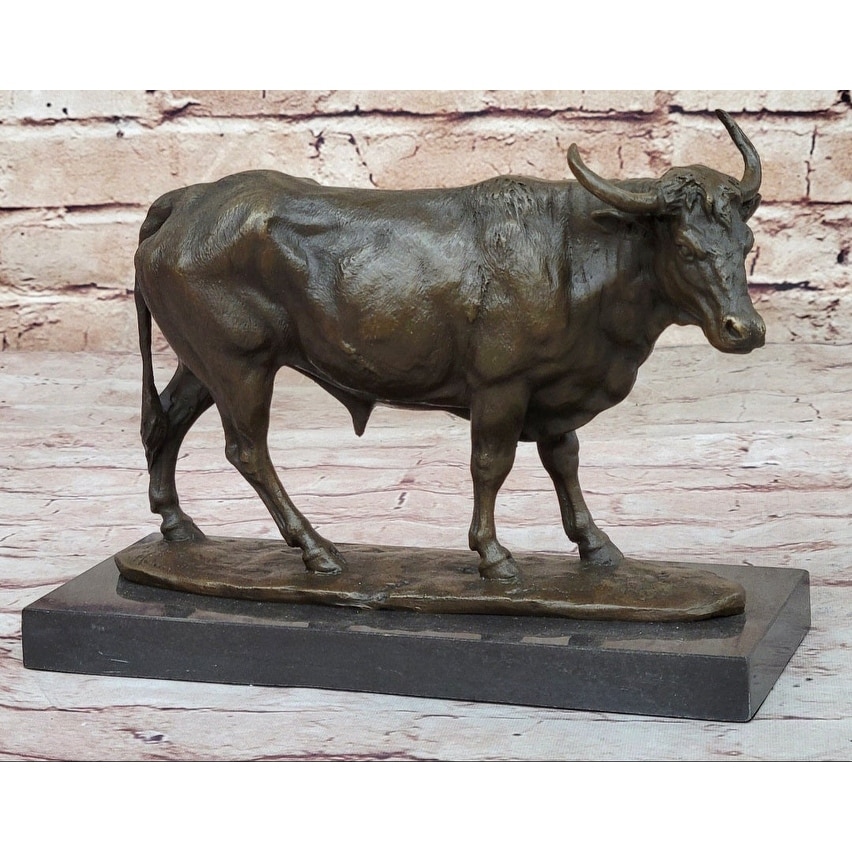 Bronze Bull Cow Cattle Sculpture Statue Figure On Marble Base By Milo