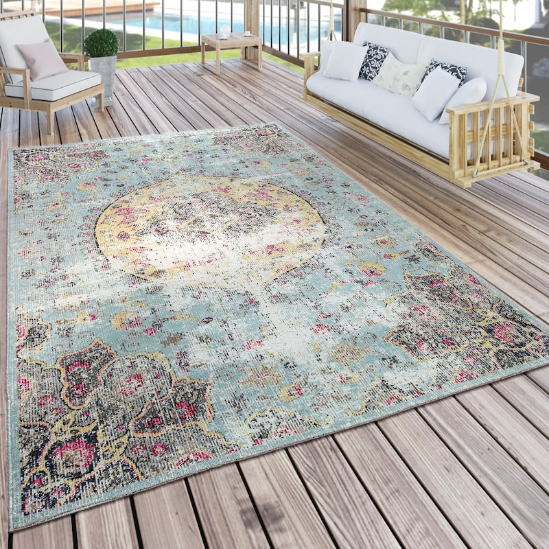 Indoor & Outdoor Rug Oriental Design in Turquoise Pink Yellow Pastel - 2'8" x 8'2"