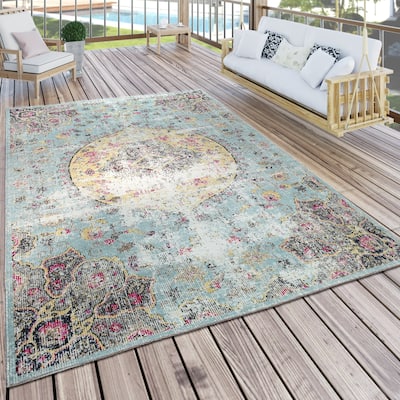 Indoor & Outdoor Rug Oriental Design in Turquoise Pink Yellow Pastel