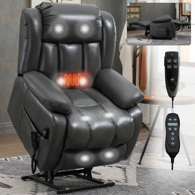 Roomfitters Dual Motor Power Lift Recliner, Infinite Position Massage Chair with 180-Degree Flat Recline, Leatheraire, Grey